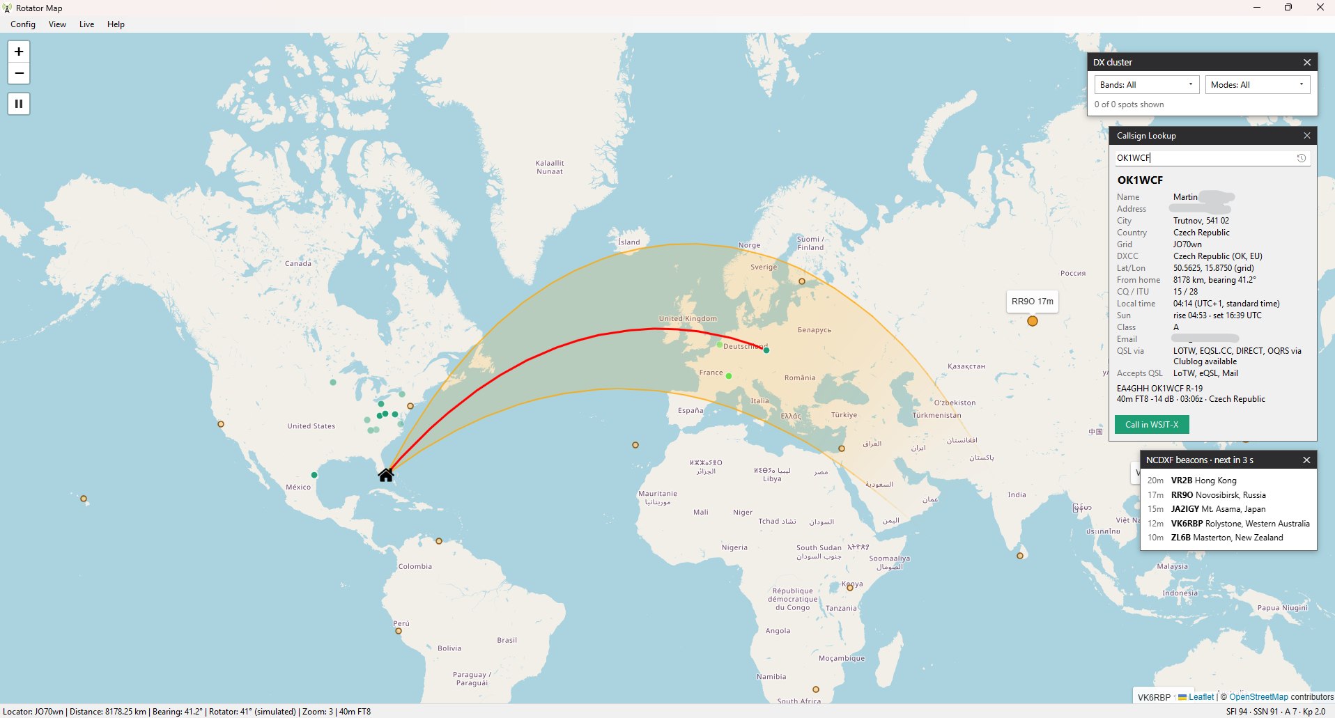 RotatorMap: a beam from Florida to Europe, with WSJT-X stations, the callsign lookup with Call in WSJT-X, and the NCDXF beacons