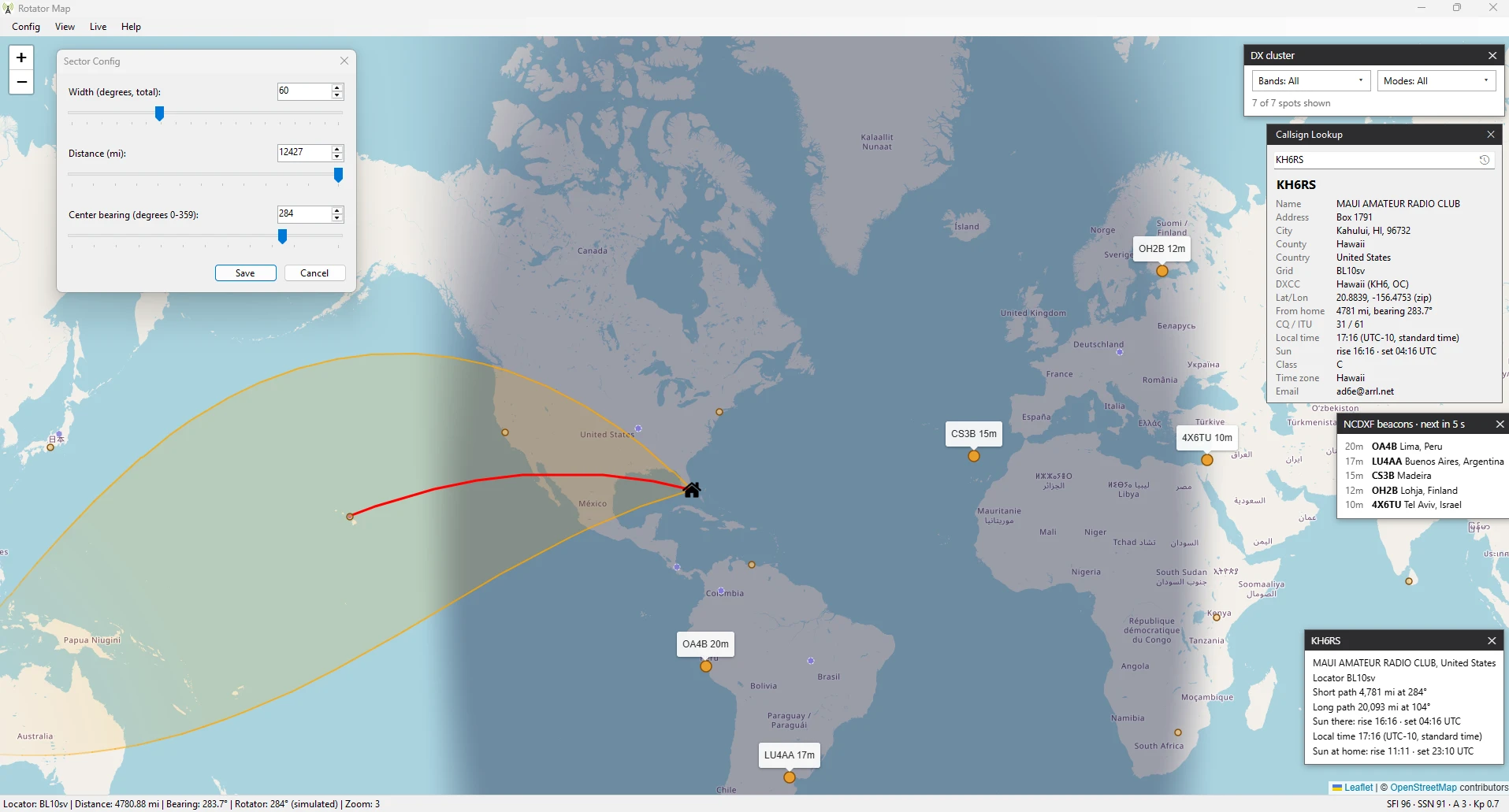 A QRZ.com callsign lookup with the beam turned to Hawaii, and Sector Config
