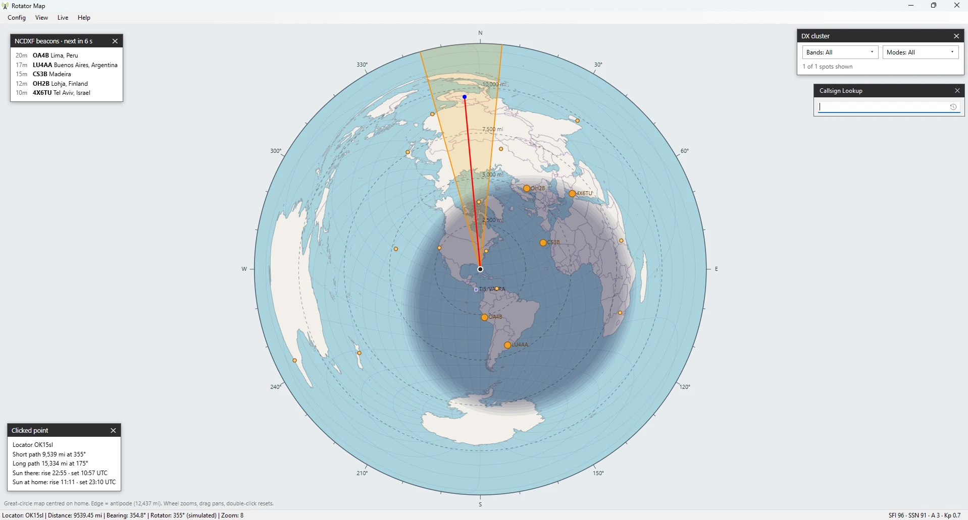 The great-circle map centred on home, with the gray line and the beacons on the air