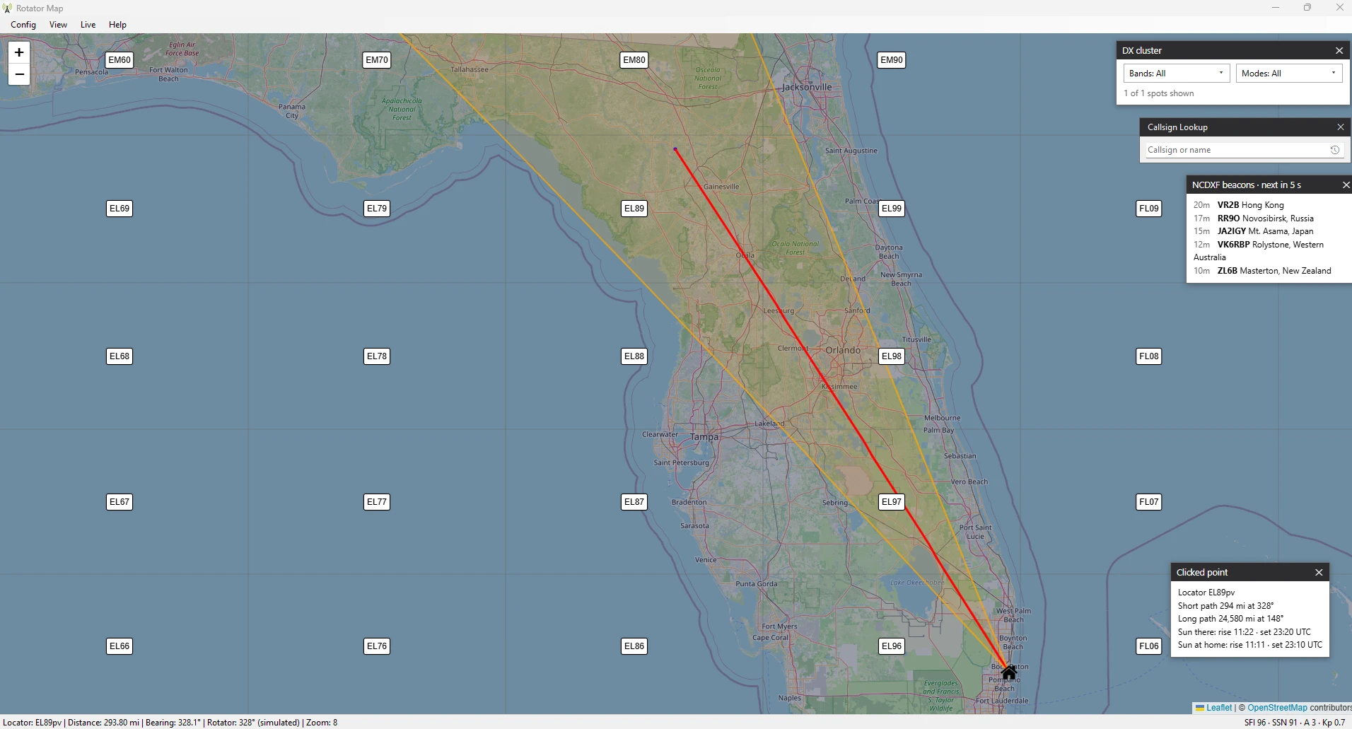 A 60° beam sector over Florida, with DX cluster, callsign lookup and NCDXF beacon panels